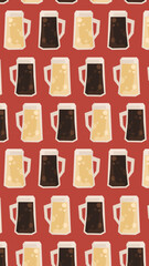 Beer mugs vector seamless pattern. Minimalist drink print. Alcohol beverage graphic background. Many simple glass icons all over design. Geometric drawing style. Bright image for packaging, ads layout