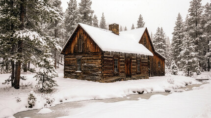 A rustic log cabin blanketed in deep snow sits quietly among tall pine trees as gentle snowfall falls over a frozen forest stream, pure winter serenity