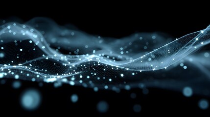 Abstract network of glowing blue particles forming waves against a dark background, representing connectivity and data visualization. It looks so cool!