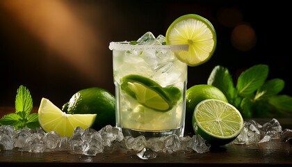 Close Up Shot Of A Caipirinha Cocktail With Lime Slices And Lots Of Crushed Ice