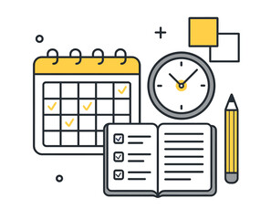 Illustration of calendar, clock, and planner with yellow accents for time management