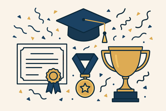 Graduation celebration: cap, diploma, medal, and trophy icons with confetti