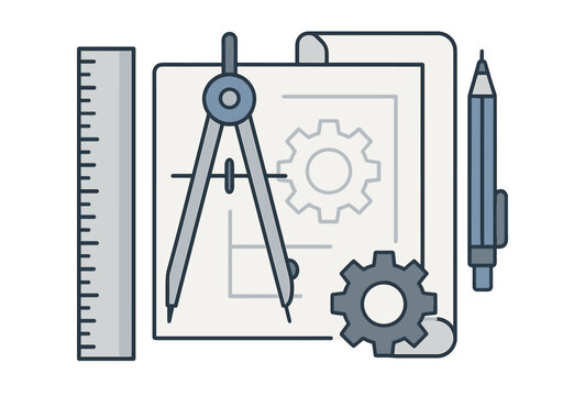 Technical drawing tools with compass, gear, ruler, and pencil on blueprint