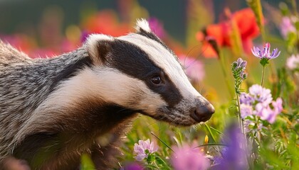 Obraz premium Beautiful European Badger Meles Meles Eurasian Badger In His Natural Environment In The Summer Meadow With Many Flowers