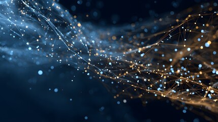 A mesmerizing digital network with interconnected nodes, glowing with blue and orange hues, symbolizing connectivity and the future of tech.