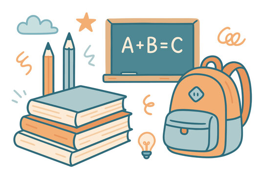 Colorful school supplies illustration with backpack and blackboard