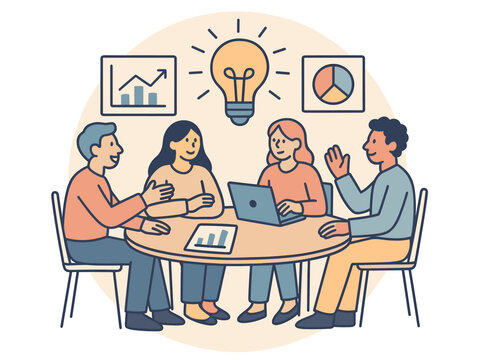 Diverse team brainstorming in office with charts and light bulb idea concept - Powered by Adobe