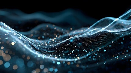 Waves of glowing particles create a mesmerizing digital landscape, symbolizing data flow and technological innovation on a backdrop of deep black.