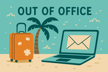 Fototapeta premium Out of office: vacation mode with palm tree, suitcase, and laptop