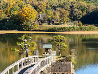 Fototapeta premium 池に祀られた神社と茅葺きの古民家