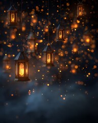 Obraz premium Lantern silhouettes falling like glowing particles on a dark background.