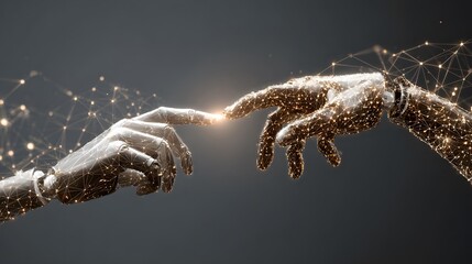 Conceptual digital artwork featuring two connected robot hands, representing technology, connection, and artificial intelligence in a modern style.