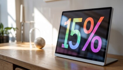 Modern digital display showcasing vibrant 15% discount on a sleek desk for Cyber Monday promotions
