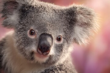 Close-up of koala joey with soft gentle gaze and fuzzy texture.