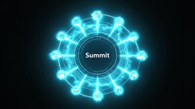 Animated Summit Concept with Glowing HUD and Business Icons for Technological Progress