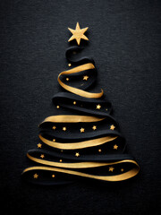 Elegant Black Ribbon Christmas Tree with Gold Accents on Glittering Dark Background