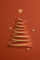 Elegant Gold Glitter Christmas Tree Illustration On Textured Red Background