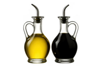 Olive oil and balsamic vinegar cruets on transparent background