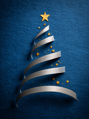Minimalist Christmas Tree Made From Silver Ribbon and Gold Stars on Glittering Blue Background
