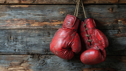 Old, worn red boxing gloves hanging by a rope against a rustic wooden wall.