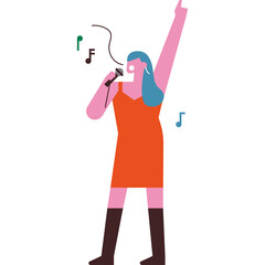 Vibrant Woman Singing Energetically Into Microphone Wearing Orange Dress and Tall Boots with Blue Hair Against Transparent Background