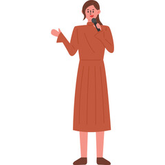 Woman in a terracotta dress holding a microphone giving a speech with one hand raised and a slight smile on her face isolated on a white background