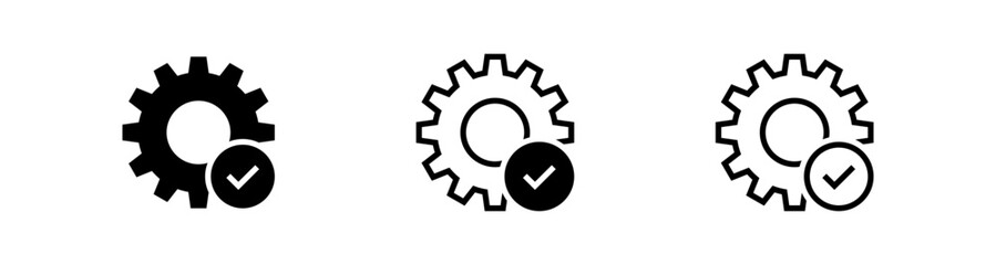 Settings gear icons with a checkmark badge in solid and outline styles, ideal for preferences, verified tools, successful update, verified settings, or completed configuration, and modern UI controls.