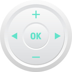 White Circular Control Button With OK Center Arrow Buttons and Plus Minus Symbols Isolated on Transparent Background
