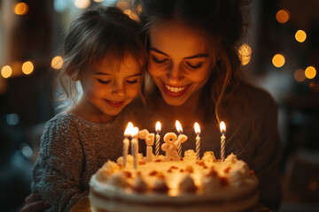 A heartwarming scene of a mother and daughter joyfully celebrating a birthday with a beautifully decorated cake and glowing candles, filled with love and cheer.
