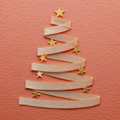 Orange Ribbon Christmas Tree Decorated With Gold Stars On Pink Textured Background