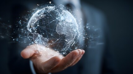 Global connectivity represented by a digital globe hovering above a hand, symbolizing technology, business, and a interconnected world.