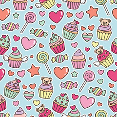 Cute Valentine pattern vector. Seamless sweets pattern with candy, cupcake, and hearts. Hand Drawn Valentine's Day Hearts Background.