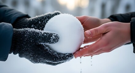 Sharing the icy sphere of winter cheer between gloved and ungloved hands in a snowy landscape
