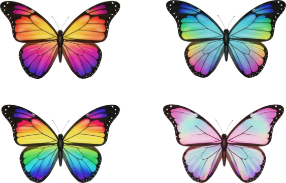 Vibrant collection of four colorful butterflies with gradient wings.