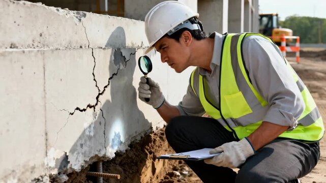 Medium shot of a professional conducting a detailed visual survey of a building foundation examining cracks and surface irregularities for structural soundness.