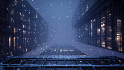 雪の夜に見上げる高層ビル群の静かな都市景観