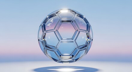 Crystal soccer ball on a reflective surface with blue and pink background