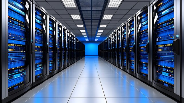 Modern Data Center Server Room with Blue Lighting
