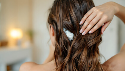 Fototapeta premium Woman applying hair treatment to wet wavy brown hair from behind