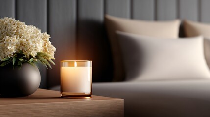 aromatic candle on bedside table, warm soft glow illuminating room, realistic details