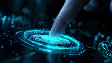 Human finger touching futuristic digital fingerprint scanner for biometric security identification - Powered by Adobe