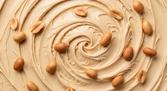 Swirls of creamy peanut butter topped with whole and halved peanuts.