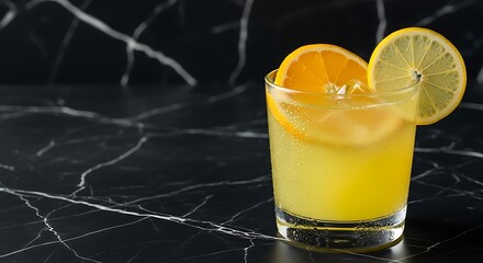 Refreshing citrus beverage presentation against a luxurious marble backdrop