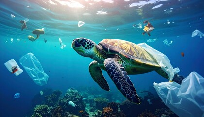 A sea turtle swims through the sea surrounded by plastic