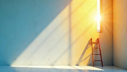 A lone ladder leans against a bright, sunlit wall, symbolizing ambition, progress, and reaching new heights The scene is peaceful and evokes a sense of potential and opportunity , steps, path