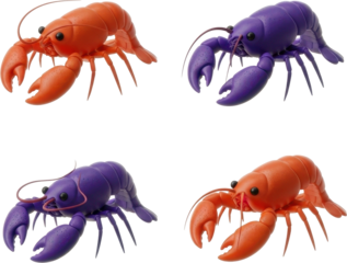 A collection of four colorful toy lobsters in orange and purple.