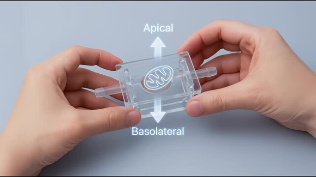 Hands holding transparent microfluidic device with mitochondrion model illustrating facilitated diffusion between apical and basolateral sides