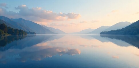 A serene landscape of a still lake reflecting a calm sky, devoid of any human presence, embodying tranquility and emotional stillness , unruffled, stillness, peacefulness