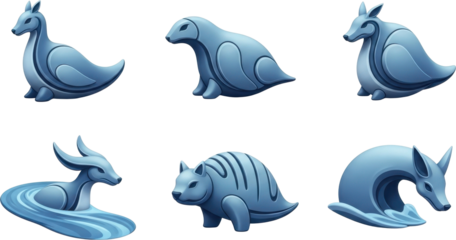 Collection of Blue Mythical Creatures in Various Poses.