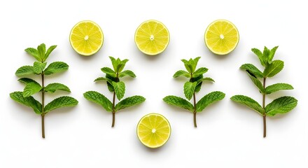 ​A clean, geometric arrangement of fresh mint sprigs and bright lime slices, creating a neat, repetitive pattern on a white background. Ideal for fresh, minimalist branding.